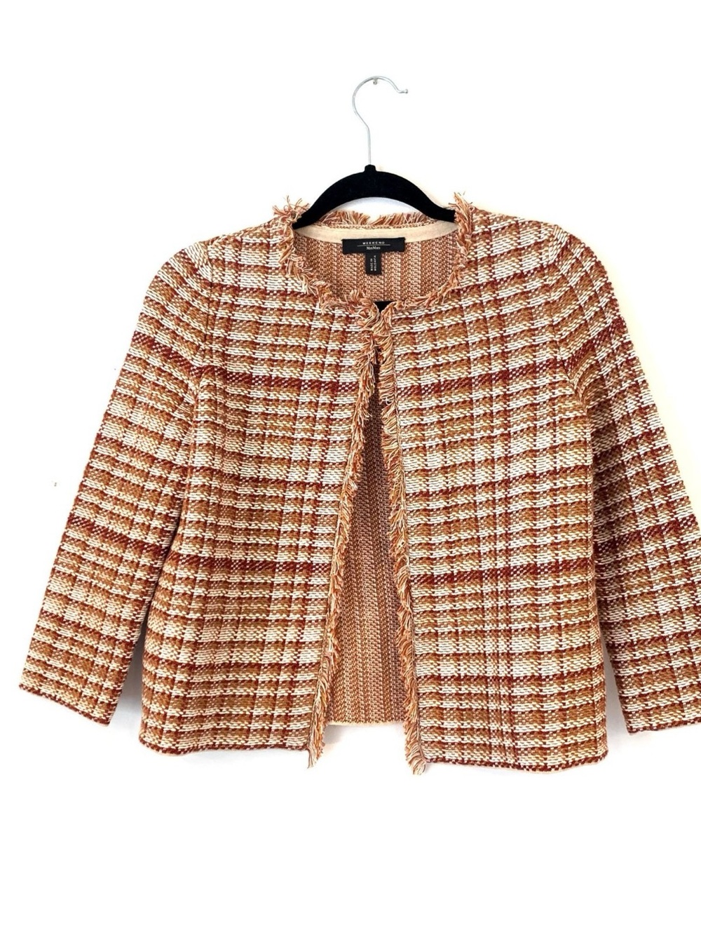 Weekend MaxMara Tweed Open Front Blazer Fringe Trim Flax Linen Plaid Size Large